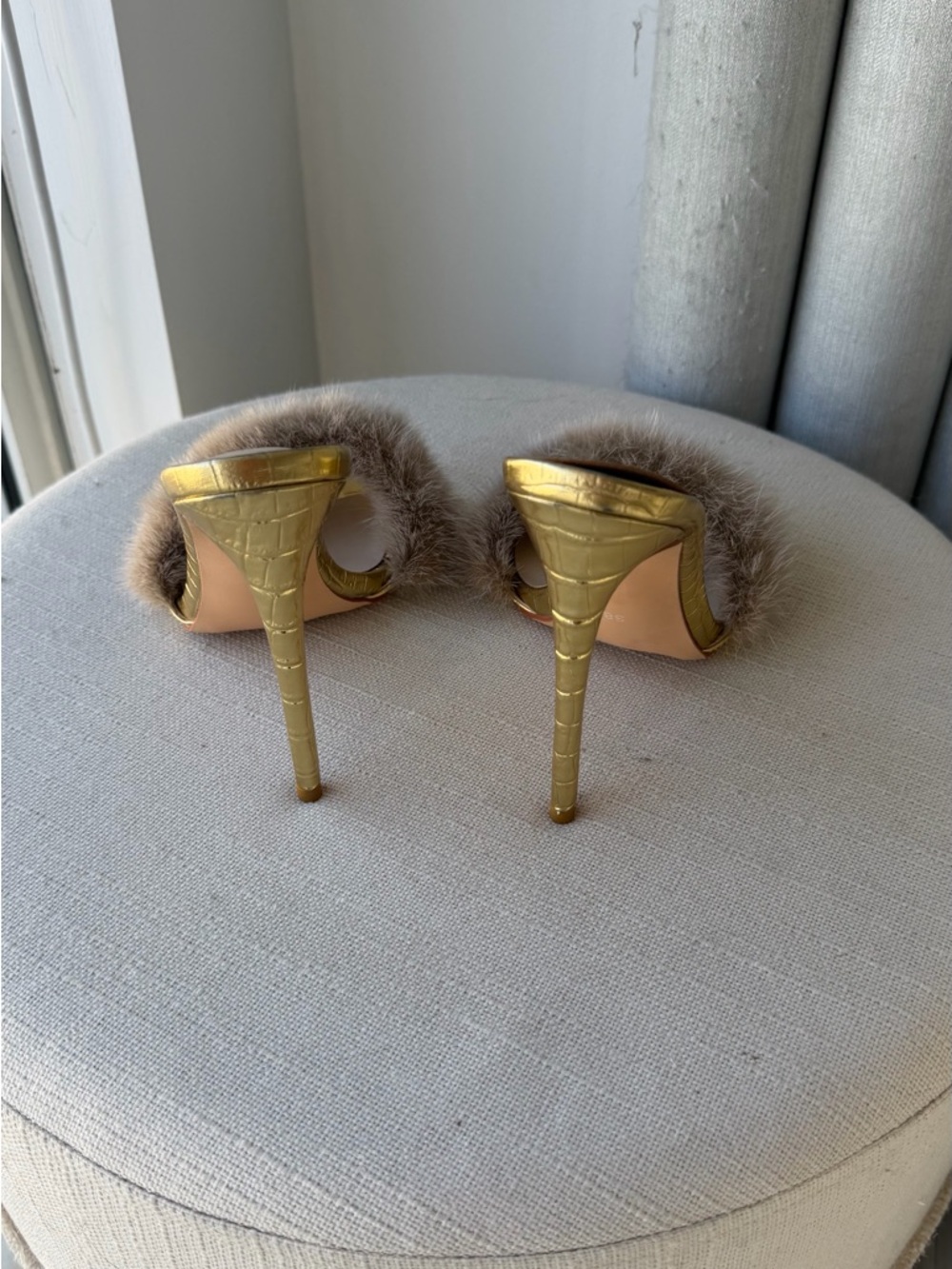 Gold Stiletto Mule with Taupe Fur Trim - Women's Luxury Slide - Picture 8 of 13